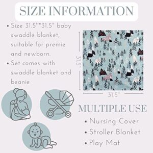 Bellasignoro Newborn Receiving Blanket Swaddle Blanket Hat Set for Baby Snug Wrap (Mountain&Tree)