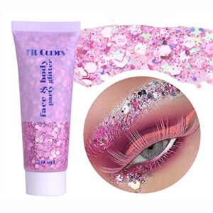 yeweian pink body face glitter gel, liquid holographic chunky glitter singer concerts music festival rave accessories, mermaid lip eye nails hair body glitter makeup, 50g