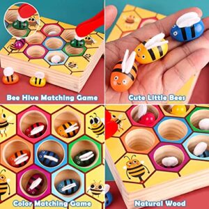 YUNCHY Toddler Fine Motor Skill Toy, Bee to Hive Matching Game, Montessori Wooden Color Sorting Matching Toy, Preschool Educational Learning Toys Gift for Toddler 2 3 Years Old