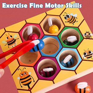 YUNCHY Toddler Fine Motor Skill Toy, Bee to Hive Matching Game, Montessori Wooden Color Sorting Matching Toy, Preschool Educational Learning Toys Gift for Toddler 2 3 Years Old