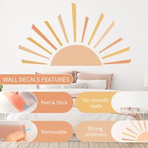 ECam Half Sun Wall Decal, Boho Decals, Sunshine Large Stickers, Vinyl Peel and Stick Stickers for Kids Bedroom Nursery Playroom Classroom Decor (59 x 34 inch)