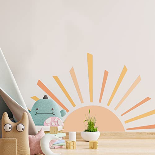 ECam Half Sun Wall Decal, Boho Decals, Sunshine Large Stickers, Vinyl Peel and Stick Stickers for Kids Bedroom Nursery Playroom Classroom Decor (59 x 34 inch)