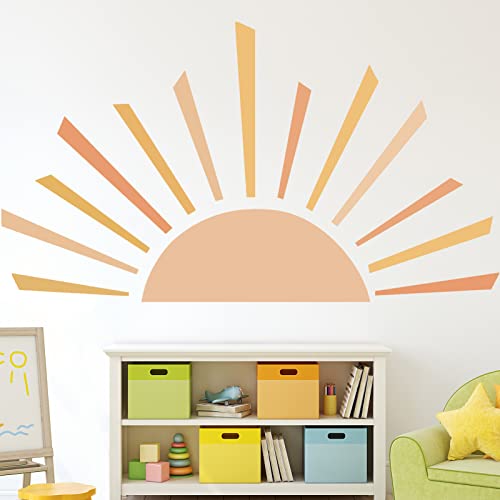 ECam Half Sun Wall Decal, Boho Decals, Sunshine Large Stickers, Vinyl Peel and Stick Stickers for Kids Bedroom Nursery Playroom Classroom Decor (59 x 34 inch)