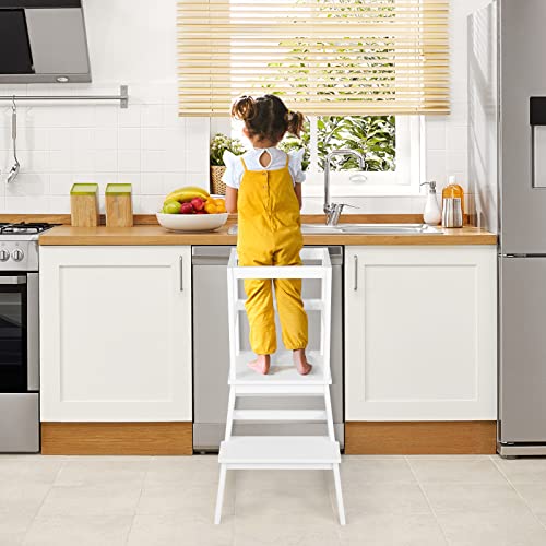Costzon Kids Kitchen Step Stool with Safety Rail, 2 in 1 Solid Wood Montessori Learning Stool Standing Helper for Kitchen Counter, 2-Tier Seat Stool for Toddlers 18 Months-5 Years Old, White