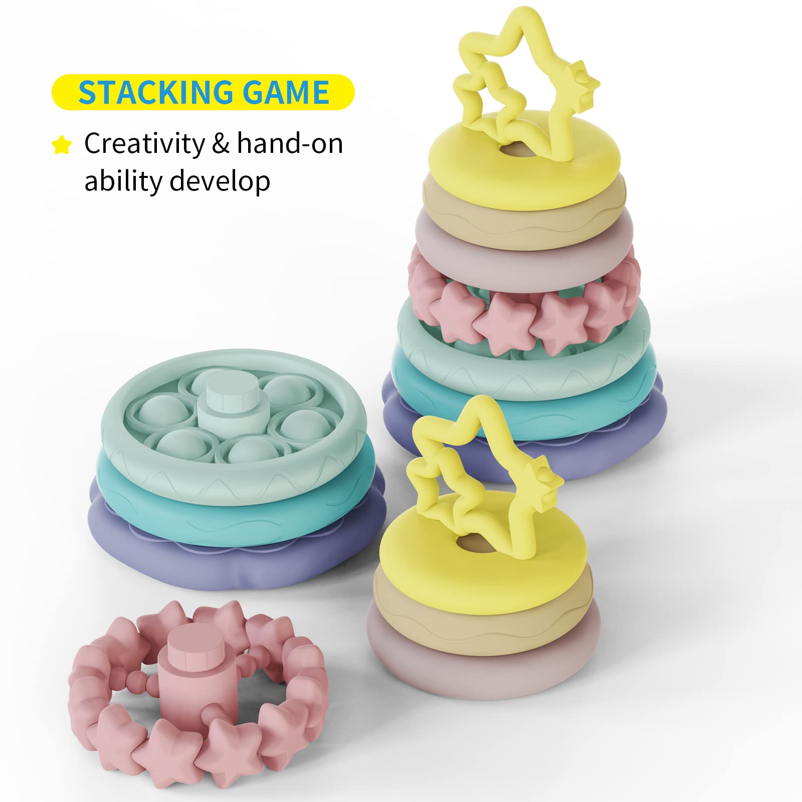 Cerberus 7 Pcs Stacking Toys Baby Blocks, Toddler Montessori Sensory Soft Rings Stacker, Development Teething Infant Toy, Learning Educational Gifts for 6 9 12 18 Months One 1 Year Old Boys Girls