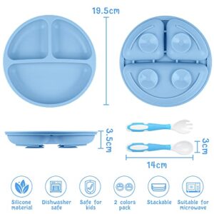 Vicloon Toddler Plates, 2 Pcs Silicone Baby Plates, BPA Free Suction Plates with 2 Pcs Baby Bendable Spoons, Suction Plate Feature, Divided Plate Design,Toddler Plate Microwave & Dishwasher Safe