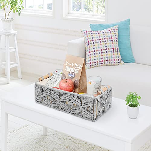 Macrame Storage Basket Boho Decor Bathroom Baskets for Organizing, Toilet Tank Basket for Bathroom Woven Decor Basket with Handle Bedroom Nursery Living Room Entryway (Grey)