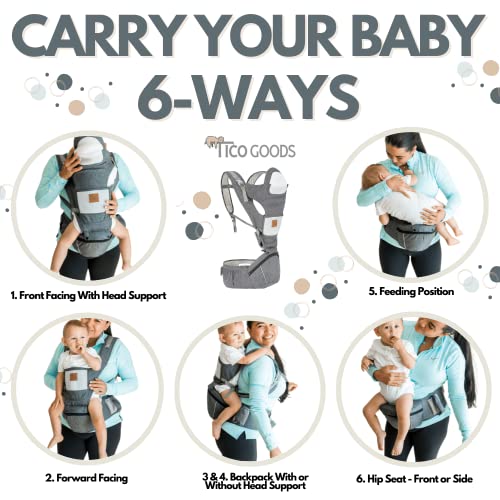 TICO GOODS Baby Carrier with Hip Seat- 6 in 1 Baby Carrier with Seat and Head Support, Baby Carrier Newborn to Toddler, Baby Carrier for Men, Baby Carrier Backpack, Kangaroo Baby Carrier 25-60 lbs