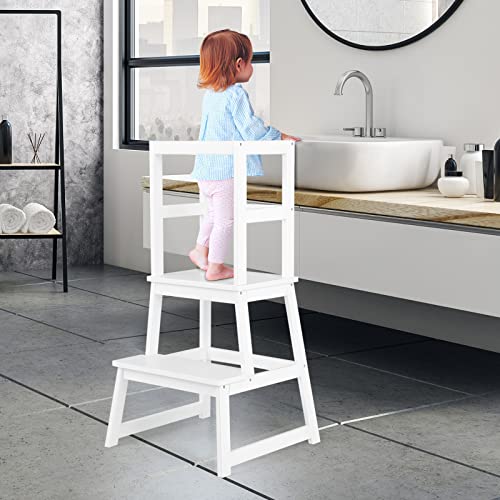 HONEY JOY Kids Kitchen Step Stool with Safety Rail, Wooden Montessori Kitchen Helper Standing Tower for Counter Bathroom Sink, Non-Slip Mat, Children Learning Stepping Stool for Toddlers 18+ Month