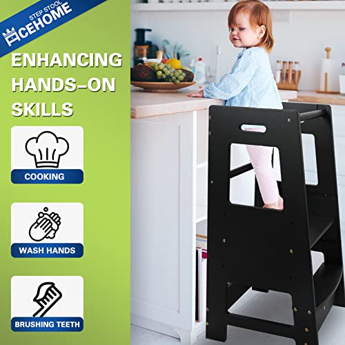 ACEHOME Toddler Kitchen Stool, Toddler Tower with Safety Rail, Toddler Stool for Kitchen Counter, Adjustable Height Little Helper Tower, Kitchen Stool for Toddlers 18 Months and Older, Black