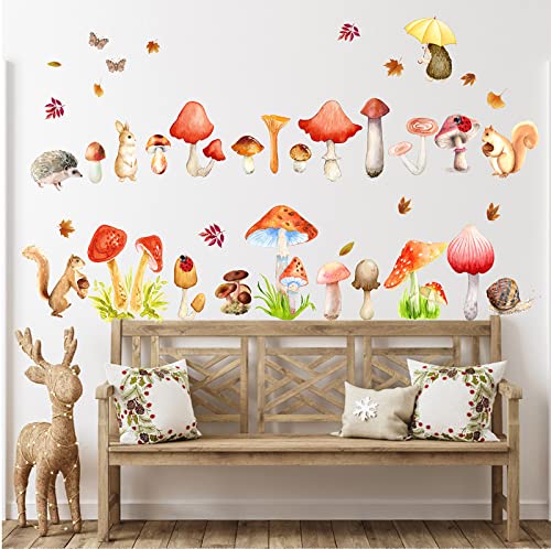 Watercolor Mushroom Wall Decals Woodland Mushroom Wall Decals Colorful Mushroom Wall Stickers Cute Cartoon Animal Wall Stickers Fall Leaf Autumn Wall Decals for Kids Room Bedroom Nursery Classroom Decor