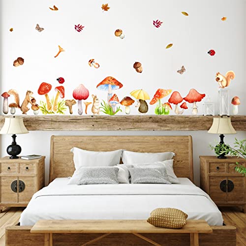 Watercolor Mushroom Wall Decals Woodland Mushroom Wall Decals Colorful Mushroom Wall Stickers Cute Cartoon Animal Wall Stickers Fall Leaf Autumn Wall Decals for Kids Room Bedroom Nursery Classroom Decor