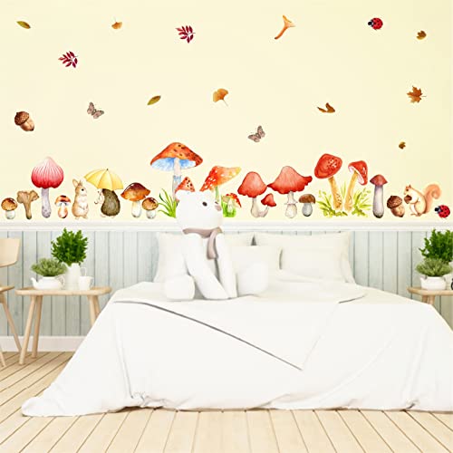 Watercolor Mushroom Wall Decals Woodland Mushroom Wall Decals Colorful Mushroom Wall Stickers Cute Cartoon Animal Wall Stickers Fall Leaf Autumn Wall Decals for Kids Room Bedroom Nursery Classroom Decor