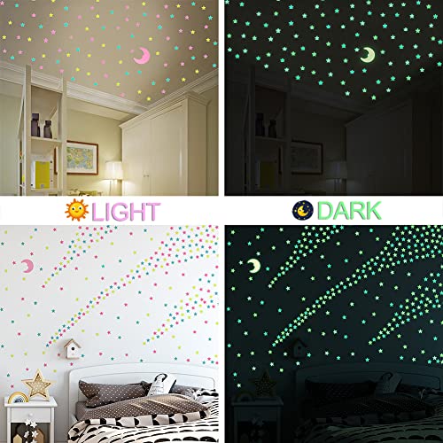 AM AMAONM 200 Pcs Glow in The Dark Luminous Colorful Stars and Pink Moon Fluorescent Noctilucent Plastic Wall Stickers Murals Decals for Home Art Decor Ceiling Wall Decorate Kids Babys Bedroom Room Decorations