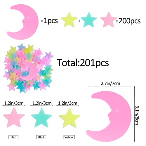 AM AMAONM 200 Pcs Glow in The Dark Luminous Colorful Stars and Pink Moon Fluorescent Noctilucent Plastic Wall Stickers Murals Decals for Home Art Decor Ceiling Wall Decorate Kids Babys Bedroom Room Decorations