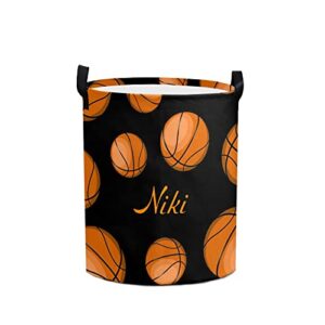 basketballs pattern round storage basket personalized name laundry basket waterproof nursery hamper with handle for living room bedroom and clothes