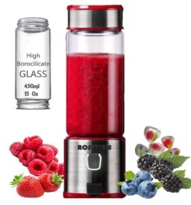 smoothie blender portable roseview glass bottle mini rechargeable handheld ice crushing shakes cup usb juicer cordless personal smoothies maker fruit mixer juice sport travel healthy smoothy (red steel)