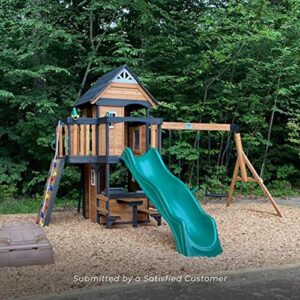 Backyard Discovery Canyon Creek All Cedar Wood Swing Set w/Grey Wave Slide, Playhouse w/Grill, Plastic Food, Picnic Area, Steering Wheel, Two Belt Swings, Rock Climbing Wall, Balcony, Deck, Web Swing