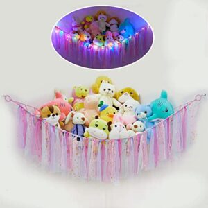 Beinou Stuffed Animals Net or Hammock Hanging Plush Toy Hammock with LED Lights Colorful Tassels Hammock for Stuffed Animals for Kids Playroom Nursery Decor