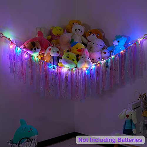 Beinou Stuffed Animals Net or Hammock Hanging Plush Toy Hammock with LED Lights Colorful Tassels Hammock for Stuffed Animals for Kids Playroom Nursery Decor