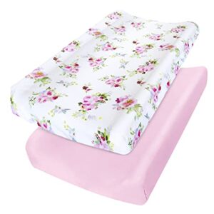 changing pad covers for girls 2 pack, lovely print soft diaper change table sheets, fit 32"x16" contoured pad, comfy cozy 2-pack cradle sheets,floral