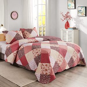 qucover quilt queen size, 3 piece multicolour patchwork print red pink beige floral reversible quilts set, soft microfiber lightweight quilt bedspread bedding set for all seasons
