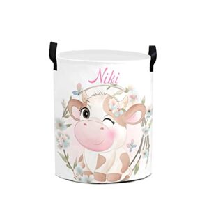 bigbigift cute cow baby watercolor laundry basket personalized with name laundry hamper with handle organizer storage bin bedroom decor for boys girls adults, 19.6x14 inch (hxd)
