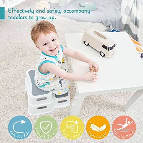 Toddler Step Stool for Bathroom Sink, 2 Step Stool for Kids Toilet Potty Training, Non-Slip Toddlers Baby Child Kid Plastic Poop Stools with Handle to Reach Kitchen Counter Bed (White-Grey)