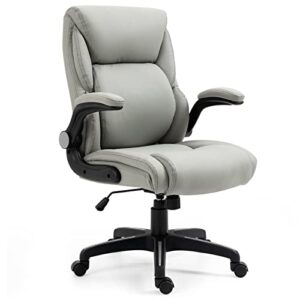 leather executive office chair- ergonomic high back pu home computer desk chair with padded flip-up arms, adjustable height with thick seat and tilt function for working study, grey