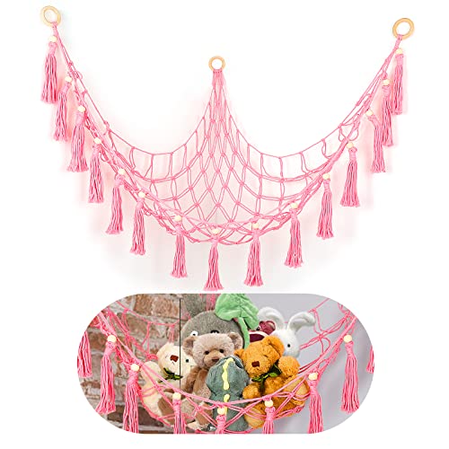 Tinabless Stuffed Animal Net or Hammock, Hanging Corner Pet Net for Stuffed Animals Toy Storage, Stuffed Animal Hammock Holder with Hooks for Bedroom Nursery Crib Kindergarten Wall Decor(Pink)