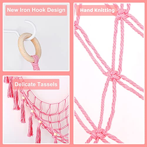 Tinabless Stuffed Animal Net or Hammock, Hanging Corner Pet Net for Stuffed Animals Toy Storage, Stuffed Animal Hammock Holder with Hooks for Bedroom Nursery Crib Kindergarten Wall Decor(Pink)