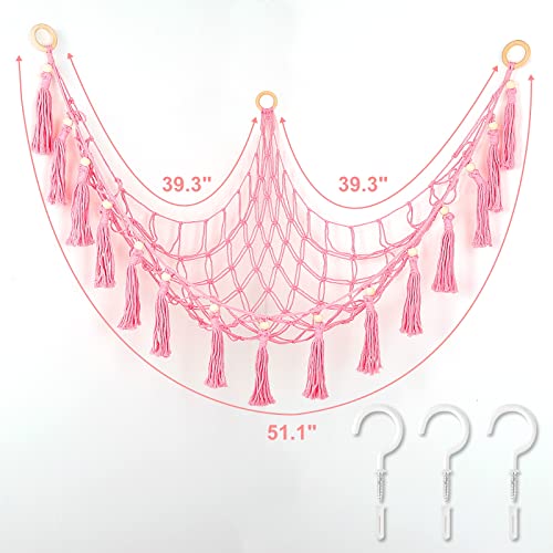 Tinabless Stuffed Animal Net or Hammock, Hanging Corner Pet Net for Stuffed Animals Toy Storage, Stuffed Animal Hammock Holder with Hooks for Bedroom Nursery Crib Kindergarten Wall Decor(Pink)