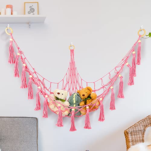 Tinabless Stuffed Animal Net or Hammock, Hanging Corner Pet Net for Stuffed Animals Toy Storage, Stuffed Animal Hammock Holder with Hooks for Bedroom Nursery Crib Kindergarten Wall Decor(Pink)