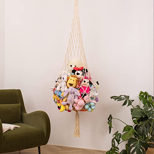 Novel Stuffed animal Net or Hammock Macrame Plush Toy Display- One Hook Only! Convenient for Corners, Walls and Ceiling Hanging Net, stuff animal storage for kid room Bedroom Playroom