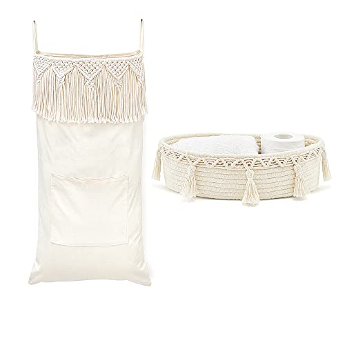 Mkono Macrame Hanging Laundry Hamper and Small Macrame Storage Basket for Toilet Tank Top Boho Bathroom Decor for Bedroom Living Room Nursery, Ivory, Set of 2