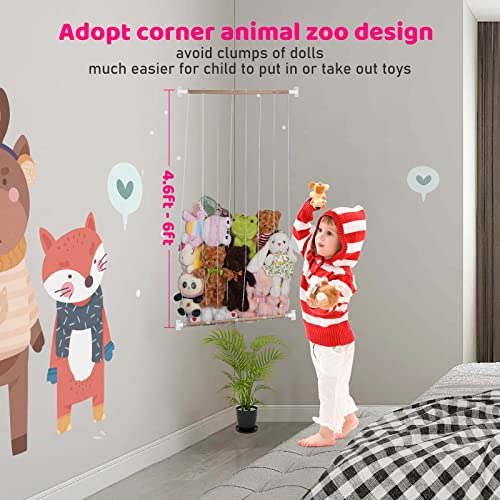 Jtskfcl Stuffed Animal Storage Hammock Hanging Toy Organizer with Canvas Base, Wood Country Style Large Corner Plush Toys Holder for Nursery Play Room Bedroom Kid’s Room White