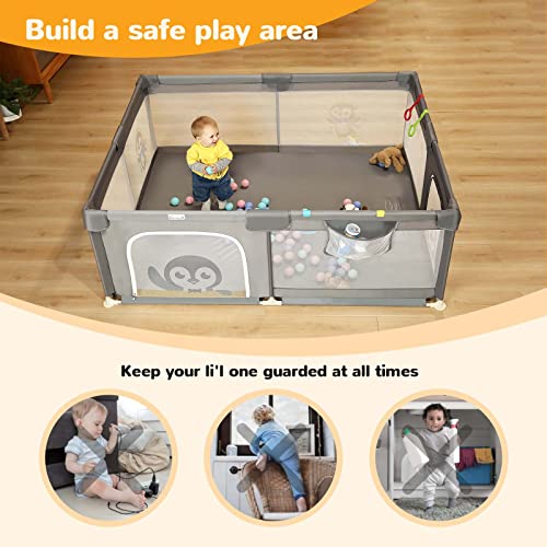 Baby Playpen for Babies and Toddlers, 71 x 59 inch Baby Play Yards, Kids Play Pen for Indoor & Outdoor, Extra Large Baby Playpen, Portable Toddler Play Yard with Carrying Bag, Anti-Slip Base (Gray)