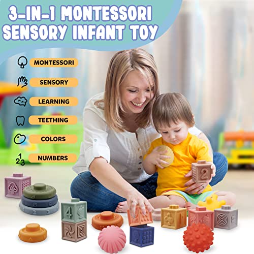 Plunack Montessori Toys for Babies 6-12 Months Soft Baby Toys Set 3 in 1 Stacking Building Blocks Infant Teething Toys Sensory Balls Educational Learning Toys for Toddlers 3-6-9-12 Months Boys Girls