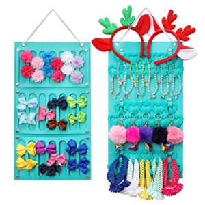 double-sided headbands holder for baby girls丨43” x 12” hair bows clips ties barrettes accessories organizer with 24 ribbons/ 33 velvet hooks hangers, wall hanging for girl room, baby nursery decors