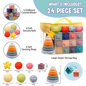 Plunack Montessori Toys for Babies 6-12 Months Soft Baby Toys Set 3 in 1 Stacking Building Blocks Infant Teething Toys Sensory Balls Educational Learning Toys for Toddlers 3-6-9-12 Months Boys Girls