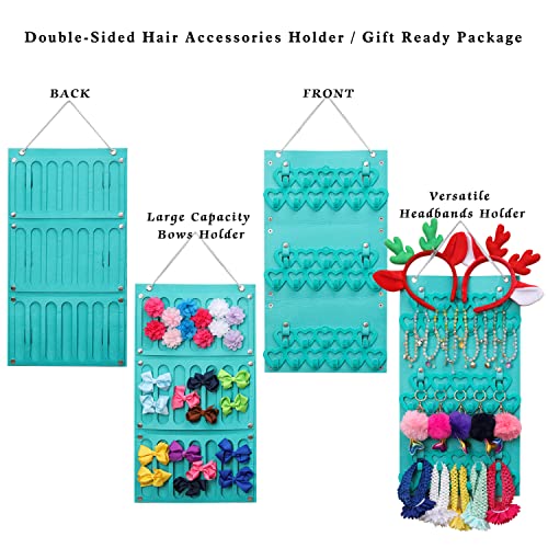 Double-Sided Headbands Holder for Baby Girls丨43” x 12” Hair Bows Clips Ties Barrettes Accessories Organizer with 24 Ribbons/ 33 Velvet Hooks Hangers, Wall Hanging for Girl Room, Baby Nursery Decors