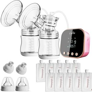 double electric breast pump with 10 breastmilk storage bags, 2 flanges and milk extractor, breastfeeding pump with 4 modes, 9 levels, portable breast pump strong suction power, quiet, pain free（pink）
