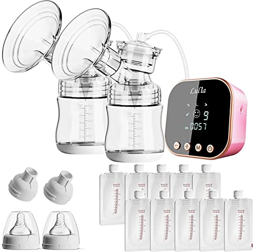 Double Electric Breast Pump with 10 Breastmilk Storage Bags, 2 Flanges and Milk Extractor, Breastfeeding Pump with 4 Modes, 9 Levels, Portable Breast Pump Strong Suction Power, Quiet, Pain Free（Pink）