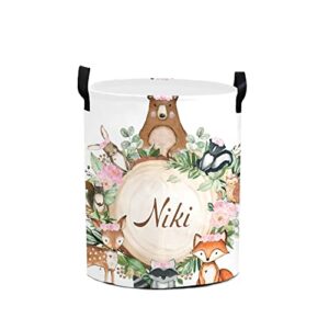 pink floral woodland forest animals round storage basket personalized name laundry basket waterproof nursery hamper with handle for living room bedroom and clothes