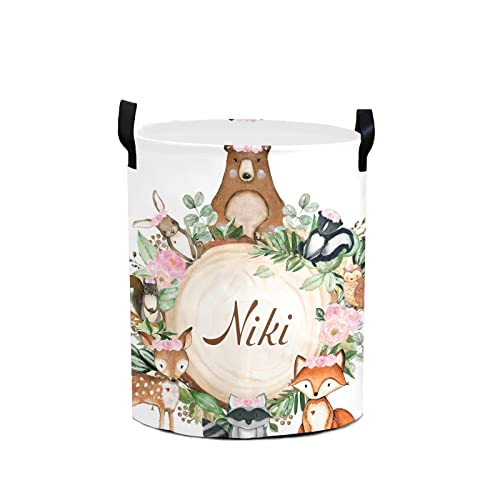 Pink Floral Woodland Forest Animals Round Storage Basket Personalized Name Laundry Basket Waterproof Nursery Hamper with Handle for Living Room Bedroom and Clothes