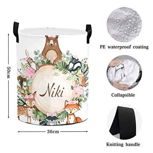 Pink Floral Woodland Forest Animals Round Storage Basket Personalized Name Laundry Basket Waterproof Nursery Hamper with Handle for Living Room Bedroom and Clothes