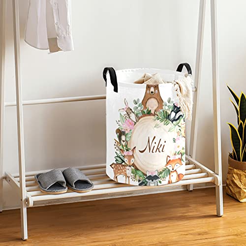 Pink Floral Woodland Forest Animals Round Storage Basket Personalized Name Laundry Basket Waterproof Nursery Hamper with Handle for Living Room Bedroom and Clothes