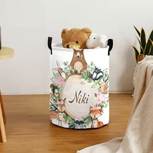 Pink Floral Woodland Forest Animals Round Storage Basket Personalized Name Laundry Basket Waterproof Nursery Hamper with Handle for Living Room Bedroom and Clothes