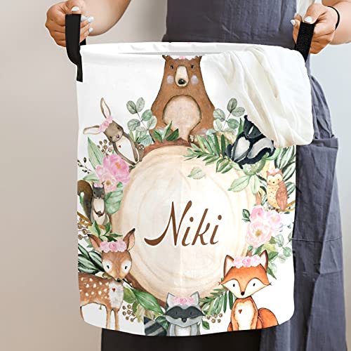 Pink Floral Woodland Forest Animals Round Storage Basket Personalized Name Laundry Basket Waterproof Nursery Hamper with Handle for Living Room Bedroom and Clothes