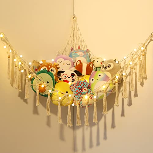 Stuffed Animal Hammock Stuffed Animal Storage Holder Macrame Boho Plush Toy Net Hammock for Stuffed Animals with Light Pet Net for Stuffed Animals Corner Hanging Net for Kids Room (White)